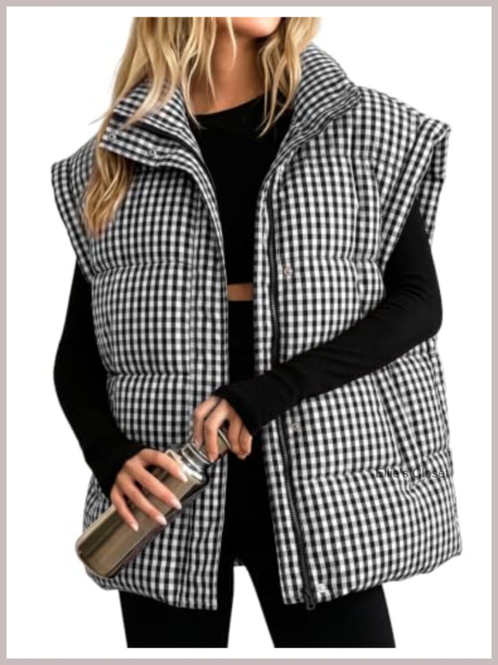 Oversized Gingham Quilted Puffer Vest Zip Up Sleeveless Jacket